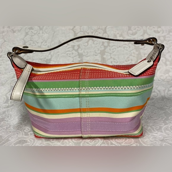 Coach Handbags - EUC Vintage Coach Purse Handbag Striped Fabric Rainbow White Leather Trim